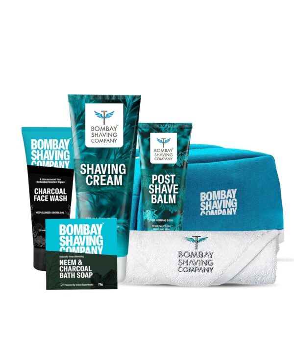Bombay Shaving Company Premium Shaving Kit For Men | Charcoal Face Scrub, Charcoal Shaving Cream, Post Shave Balm, Neem & Charcoal Bath Soap, Face Towel | Travel Bag | Shaving Kit | Travel Kit For Men - Image 2