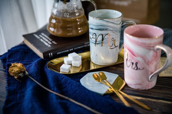 SHOPPOFOBIX Ceramic Marble Finish Coffee Mug with Lid & Spoon for Anniversary Wedding Engagement Valentine Gifts for Couple Teachers Women Men Husband Wife with Gift Box (Long MR & MRS Mug) - Image 6