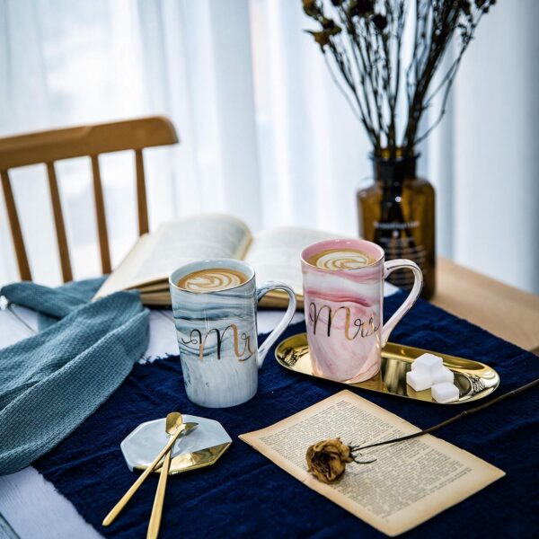 SHOPPOFOBIX Ceramic Marble Finish Coffee Mug with Lid & Spoon for Anniversary Wedding Engagement Valentine Gifts for Couple Teachers Women Men Husband Wife with Gift Box (Long MR & MRS Mug) - Image 5