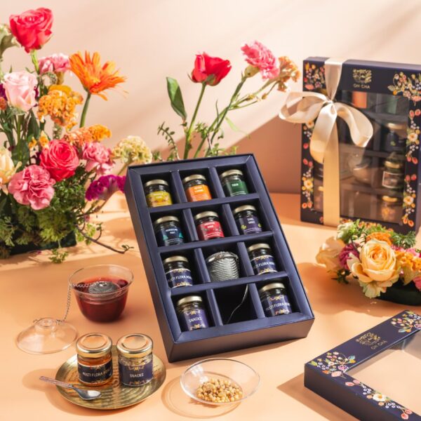 OH CHA - Assorted Teas Gift Box, The Savourers Tea Box | Tea Gift Set with 6 Teas, Bucket Tea Infuser, Spoon, Multiflora Raw Honey & Healthy Snacks | Exotic Tea Sampler Gift Pack - Image 3