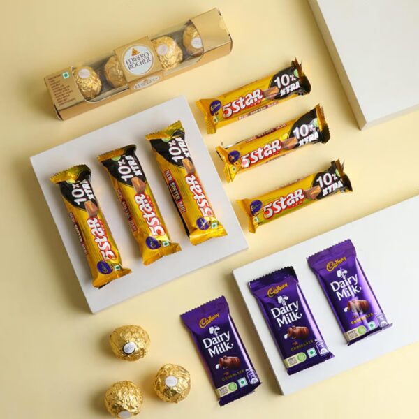 FlowerAura Hampers Include Pack of 4 Choco Rolls & 9 Chocolates In Basket For Valentine's Day Gift, Birthday Gift, Anniversary Gift & Mother's Day Gift, Father's Day Gift (Same Day Delivery) - Image 3