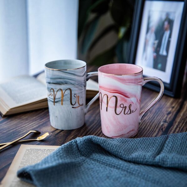 SHOPPOFOBIX Ceramic Marble Finish Coffee Mug with Lid & Spoon for Anniversary Wedding Engagement Valentine Gifts for Couple Teachers Women Men Husband Wife with Gift Box (Long MR & MRS Mug) - Image 8