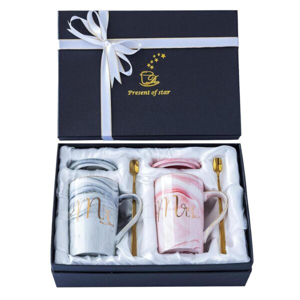 SHOPPOFOBIX Ceramic Marble Finish Coffee Mug with Lid & Spoon for Anniversary Wedding Engagement Valentine Gifts for Couple Teachers Women Men Husband Wife with Gift Box (Long MR & MRS Mug) - Image 2