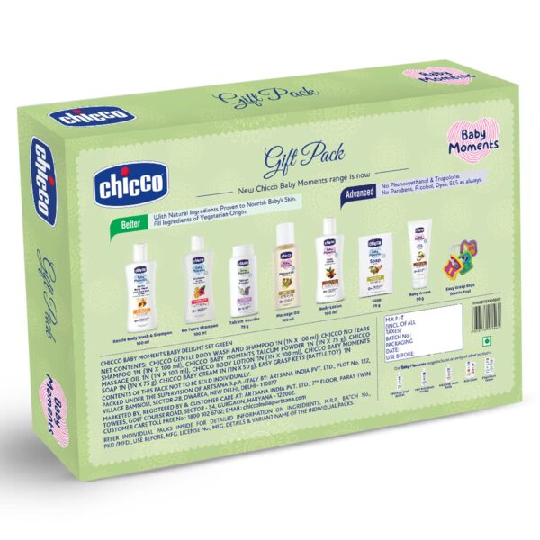 Chicco Baby Moments Delight Gift Pack (Green) with 7 Baby Skin & Haircare Products and a Rattle Toy | Baby Care Gift Set for Newborn Baby Shower, New Parents, and Birthdays | Phenoxyethanol Free - Image 8