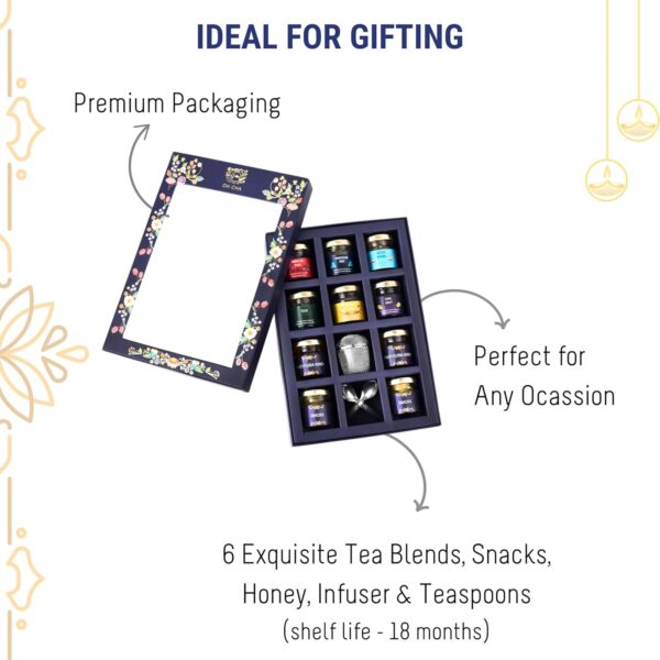 OH CHA - Assorted Teas Gift Box, The Savourers Tea Box | Tea Gift Set with 6 Teas, Bucket Tea Infuser, Spoon, Multiflora Raw Honey & Healthy Snacks | Exotic Tea Sampler Gift Pack - Image 7
