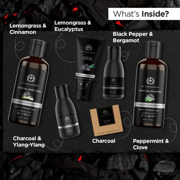 The Man Company Charcoal Grooming Kit for Men with Body Wash, Hair Shampoo, Face Scrub, Face Wash, Cleansing Gel, Soap Bar | Gift Set for Brother, Husband, Boyfriend - Pack of 6 - Image 3