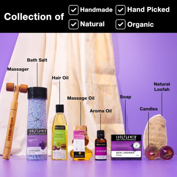 Soulflower Lavender Bath & Body Celebration Heart Gift Set for Men & Women with Premium Packaging | Christmas , New Year Gift Set Box with Bath Salt, Soap, Aroma Oil, Massage Oil, Hair Oil, Potpourri & Tlights - Image 4