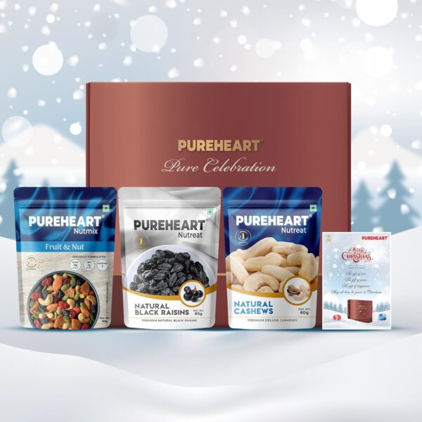 PUREHEART Pure Celebration Premium Christmas Gift Box | Dry Fruits Gift Pack | Corporate Gift Hamper | Natural Cashews, Nutmix, Black Raisins (80 g, each) | Christmas Card | Festive Holiday Gifting - Image 2