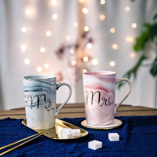 SHOPPOFOBIX Ceramic Marble Finish Coffee Mug with Lid & Spoon for Anniversary Wedding Engagement Valentine Gifts for Couple Teachers Women Men Husband Wife with Gift Box (Long MR & MRS Mug) - Image 3