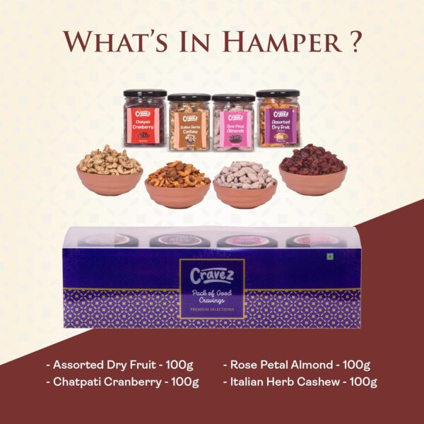 cravez Assorted Healthy Rakshabandhan Gift Hamper Dry Fruit Masala, Italian Herbs Cashew, Chatpati Cranberry, Rose Petal Almonds, 100Gm*4 - 400 Gm , Roasted Festiva, Birthday, Anniversary - Image 6