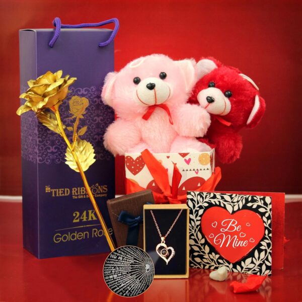TIED RIBBONS Valentine Gift for Girlfriend Wife Girls Women - Romantic Teddy Bear Card Pendant and Artificial Golden Rose Flower with Box Hamper - Image 2
