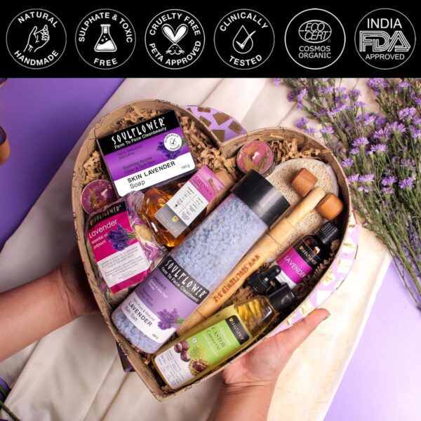 Soulflower Lavender Bath & Body Celebration Heart Gift Set for Men & Women with Premium Packaging | Christmas , New Year Gift Set Box with Bath Salt, Soap, Aroma Oil, Massage Oil, Hair Oil, Potpourri & Tlights - Image 5