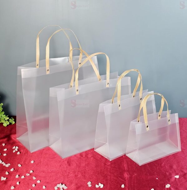 SATYAM KRAFT Translucent Gift Bags – Set of 4 | PVC Carry Bags for Gifting | Birthday, Wedding, Anniversary, Party Favor Bags | Valentine Gifting, Shopping Gift Bag, (Translucent, 25 cm x 33 cm) - Image 5