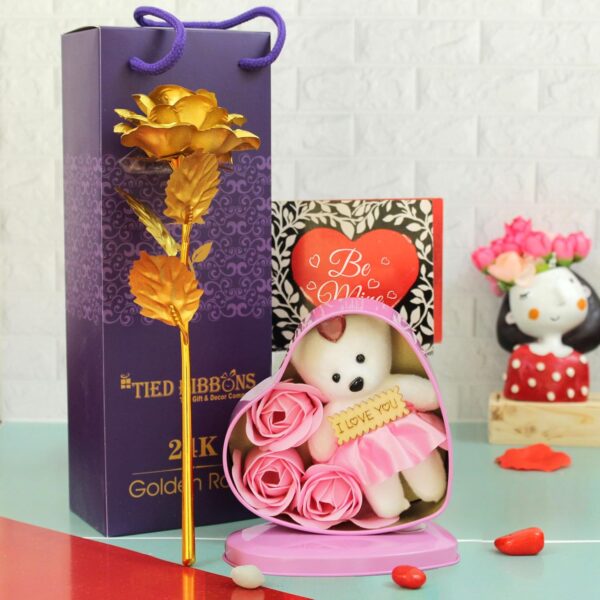 TIED RIBBONS Valentine Gift for Girlfriend Boyfriend Husband Wife Girls Boys Couples (Special 24K Gold Plated Rose, Scented Rose Flowers with Teddy Gift Box) - Image 3