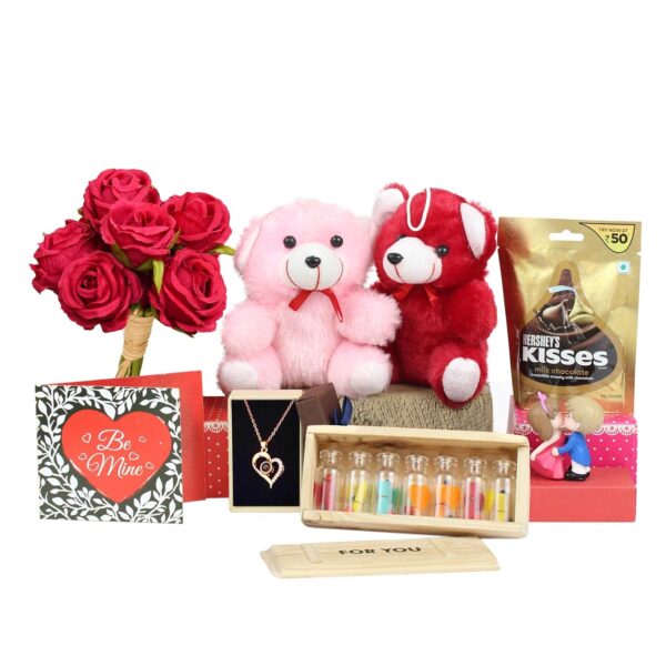 TIED RIBBONS Valentine gift Hamper for Women Girlfriend Wife Girls - Teddy Bear, Message Bottle Box, Card, Flower, Mini Couple, Pendant and Chocolates - Image 3