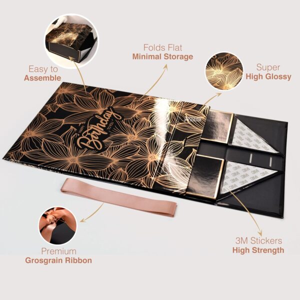 RBS® - MEDIUM Birthday Gift Box (26 x 26 x 10cm) Empty Gift Box for Packing Multipurpose Gift for Couple Special (Rose Gold Giant Poppies) (1 Pack) Holding up to 8kg - Image 3