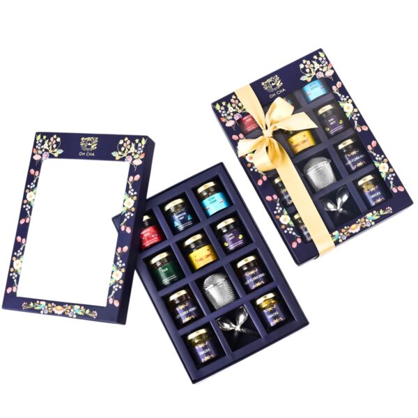 OH CHA - Assorted Teas Gift Box, The Savourers Tea Box | Tea Gift Set with 6 Teas, Bucket Tea Infuser, Spoon, Multiflora Raw Honey & Healthy Snacks | Exotic Tea Sampler Gift Pack - Image 2