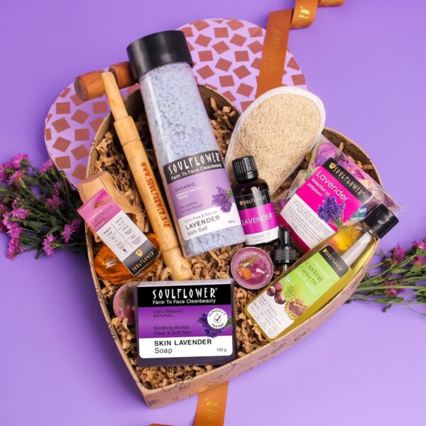 Soulflower Lavender Bath & Body Celebration Heart Gift Set for Men & Women with Premium Packaging | Christmas , New Year Gift Set Box with Bath Salt, Soap, Aroma Oil, Massage Oil, Hair Oil, Potpourri & Tlights - Image 8