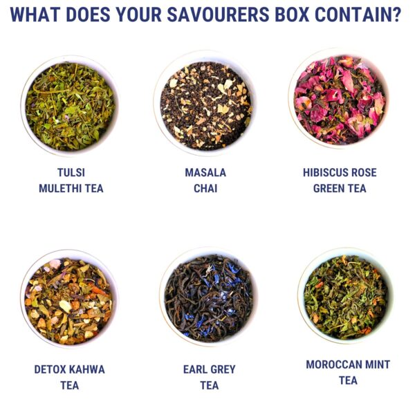 OH CHA - Assorted Teas Gift Box, The Savourers Tea Box | Tea Gift Set with 6 Teas, Bucket Tea Infuser, Spoon, Multiflora Raw Honey & Healthy Snacks | Exotic Tea Sampler Gift Pack - Image 5