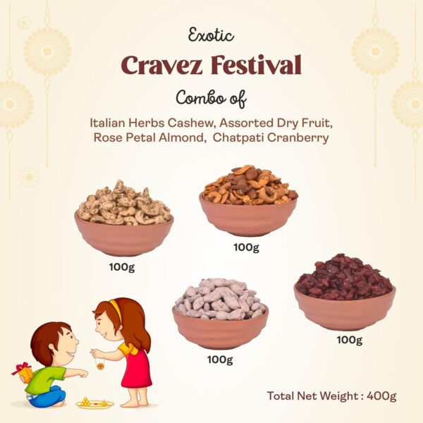 cravez Assorted Healthy Rakshabandhan Gift Hamper Dry Fruit Masala, Italian Herbs Cashew, Chatpati Cranberry, Rose Petal Almonds, 100Gm*4 - 400 Gm , Roasted Festiva, Birthday, Anniversary - Image 3