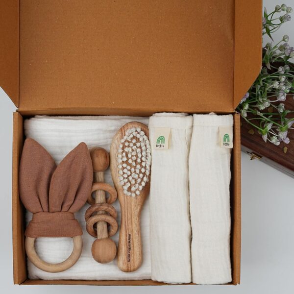 littlu New Born Baby Gifts | Baby Shower Gifts | Newborn Baby Essentials | Eco Friendly | Premium Baby Products | Pack Of 6 (Brown, White) - Image 10