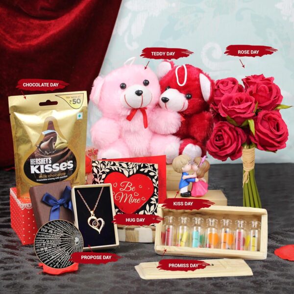 TIED RIBBONS Valentine gift Hamper for Women Girlfriend Wife Girls - Teddy Bear, Message Bottle Box, Card, Flower, Mini Couple, Pendant and Chocolates - Image 4