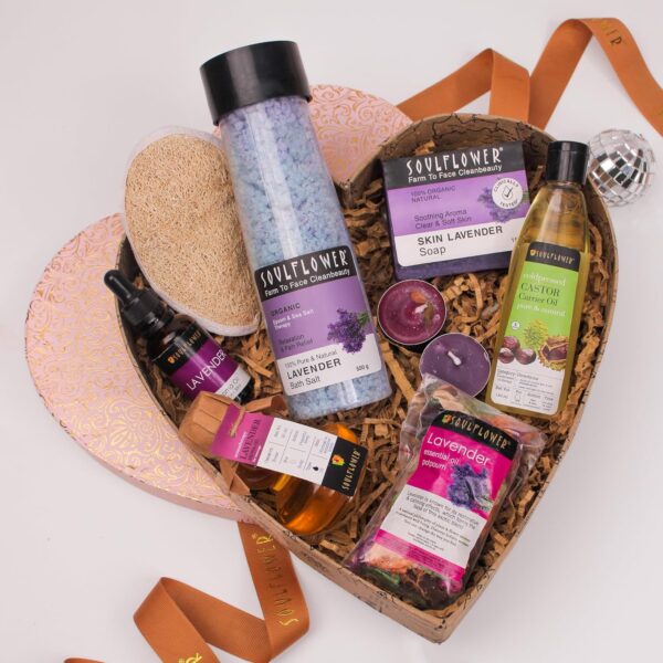 Soulflower Lavender Bath & Body Celebration Heart Gift Set for Men & Women with Premium Packaging | Christmas , New Year Gift Set Box with Bath Salt, Soap, Aroma Oil, Massage Oil, Hair Oil, Potpourri & Tlights - Image 2